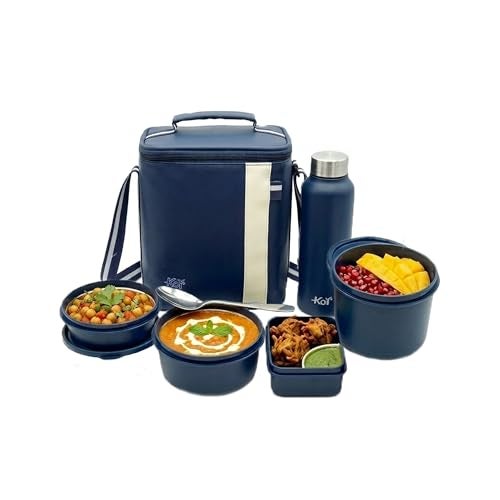 KOI Luxe Lunch Box Set with Insulated Bag Pack of 3 Microwave Safe Steel Containers with BPA-Free Lids (290ml, 450ml, 600ml), Plastic Pickle Box (180ml), and Steel Water Bottle(750ml)-Memphis Brown - Image 1
