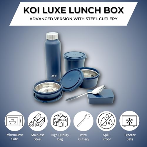 KOI Luxe Lunch Box Set with Insulated Bag Pack of 3 Microwave Safe Steel Containers with BPA-Free Lids (290ml, 450ml, 600ml), Plastic Pickle Box (180ml), and Steel Water Bottle(750ml)-Memphis Brown - Image 4
