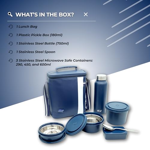 KOI Luxe Lunch Box Set with Insulated Bag Pack of 3 Microwave Safe Steel Containers with BPA-Free Lids (290ml, 450ml, 600ml), Plastic Pickle Box (180ml), and Steel Water Bottle(750ml)-Memphis Brown - Image 3