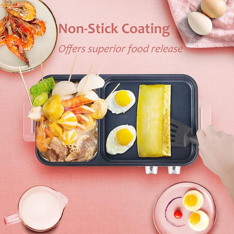 TopWit Hot Pot Electric with Grill, 2 in 1 Indoor Non-stick for Steaks, Shabu Shabu, Noodles, Simmer and Fry, Korean BBQ Grill, Independent Dual Temperature Control, Pink - Image 5