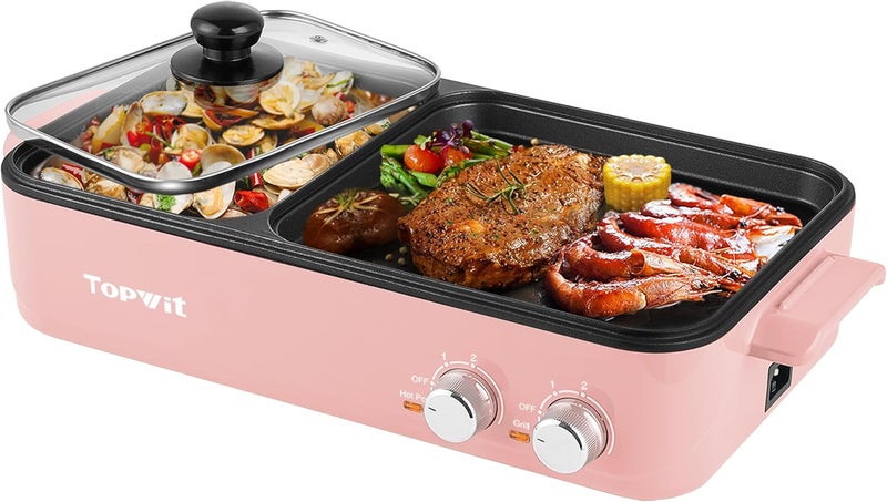 TopWit Hot Pot Electric with Grill, 2 in 1 Indoor Non-stick for Steaks, Shabu Shabu, Noodles, Simmer and Fry, Korean BBQ Grill, Independent Dual Temperature Control, Pink - Image 1