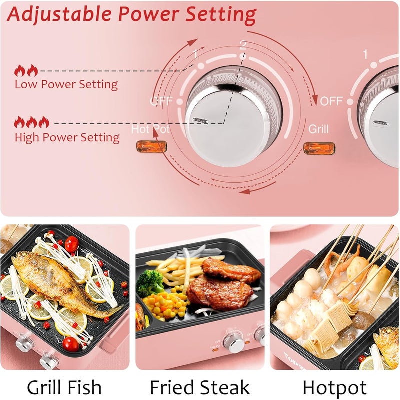 TopWit Hot Pot Electric with Grill, 2 in 1 Indoor Non-stick for Steaks, Shabu Shabu, Noodles, Simmer and Fry, Korean BBQ Grill, Independent Dual Temperature Control, Pink - Image 2