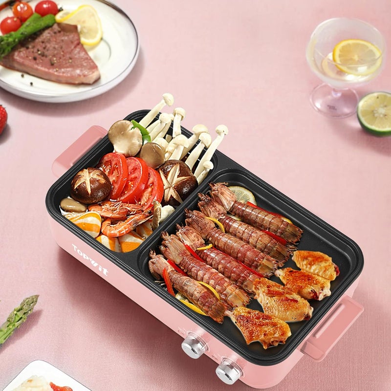 TopWit Hot Pot Electric with Grill, 2 in 1 Indoor Non-stick for Steaks, Shabu Shabu, Noodles, Simmer and Fry, Korean BBQ Grill, Independent Dual Temperature Control, Pink - Image 4