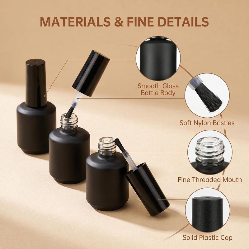 Upstore 6 Pcs 15ml Empty Nail Polish Bottles with Brush Round Refillable Glass Nail Polish Storage Bottles Containers for DIY Nail Art (Matte Black) KSA standard compatible design - Image 3