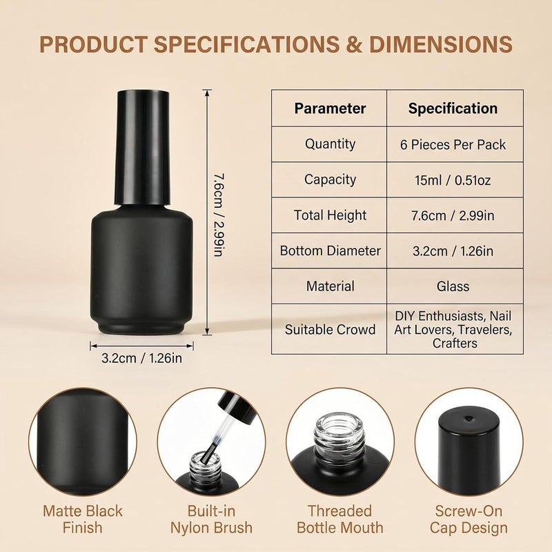 Upstore 6 Pcs 15ml Empty Nail Polish Bottles with Brush Round Refillable Glass Nail Polish Storage Bottles Containers for DIY Nail Art (Matte Black) KSA standard compatible design - Image 2