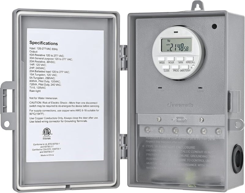 DEWENWILS مؤقت مضخة المسبح، صندوق مؤقت رقمي، 2HP 40A 120-277 VAC، مؤقت قابل للبرمجة 7 أيام 20 تشغيل/إيقاف لمياه السخان، مضخة المسبح، سبا، محرك، مدرج في ETL رمادي - Image 1