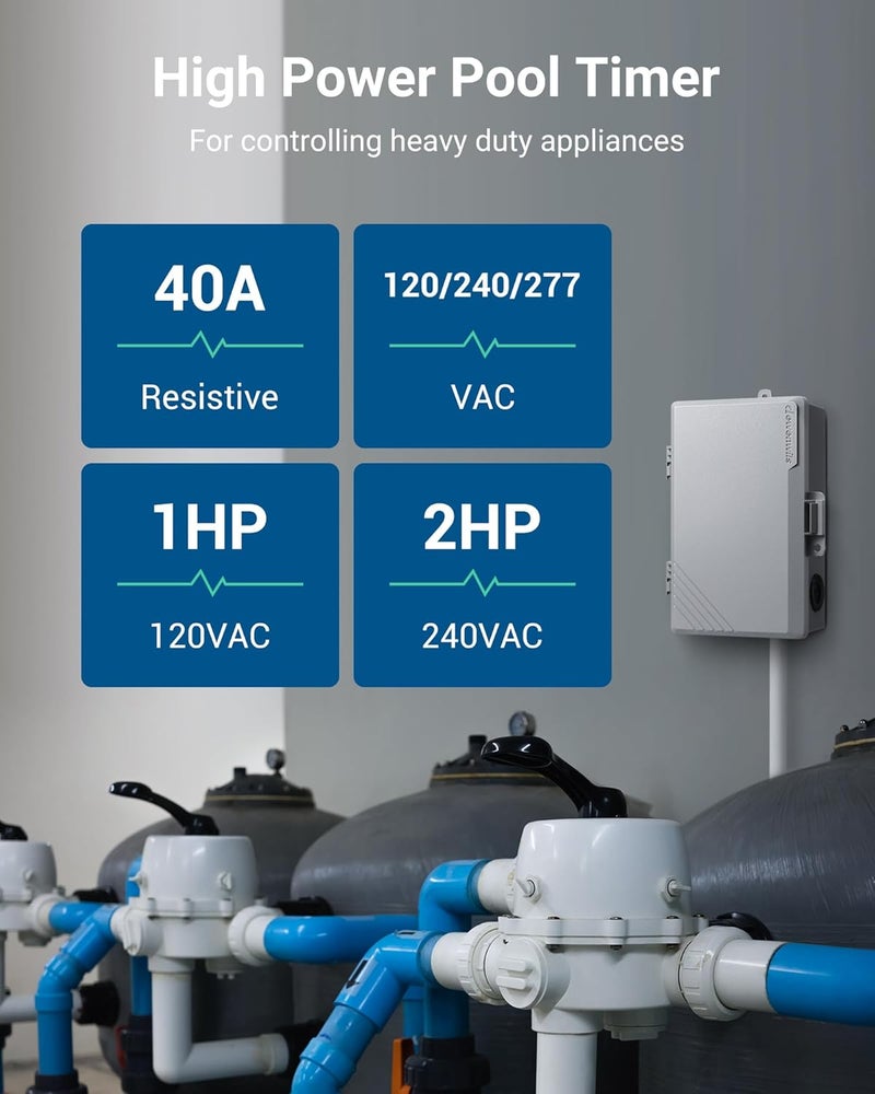 DEWENWILS مؤقت مضخة المسبح، صندوق مؤقت رقمي، 2HP 40A 120-277 VAC، مؤقت قابل للبرمجة 7 أيام 20 تشغيل/إيقاف لمياه السخان، مضخة المسبح، سبا، محرك، مدرج في ETL رمادي - Image 2
