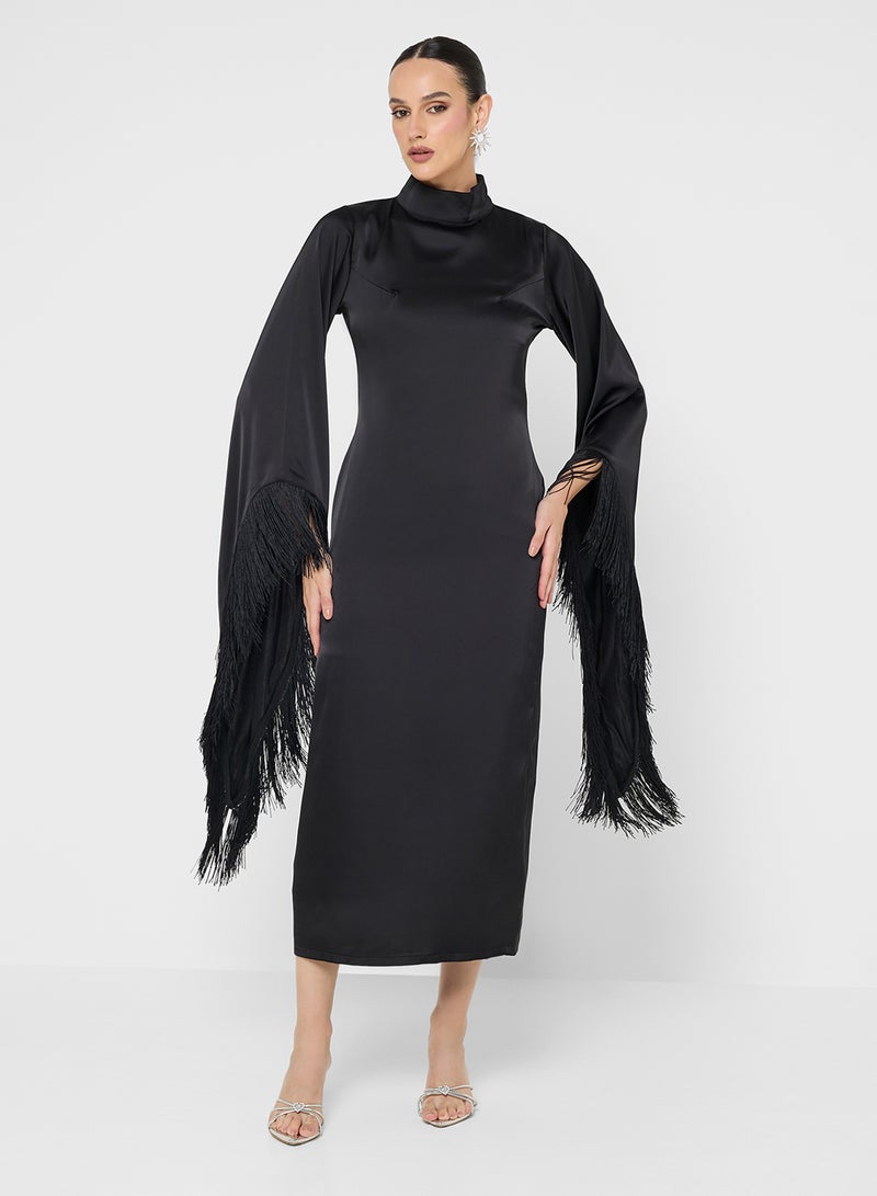 FYOR Timeless Black Long-Sleeve Robe Dress with High Neckline - Image 1