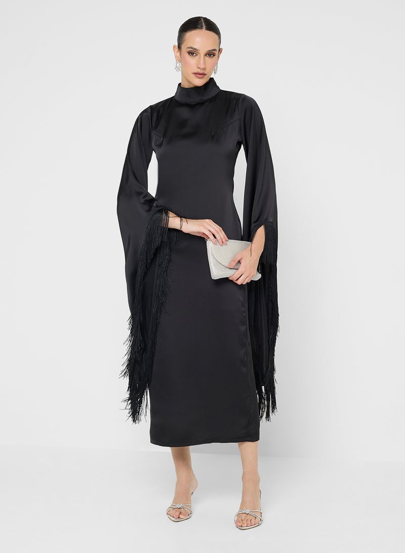 FYOR Timeless Black Long-Sleeve Robe Dress with High Neckline - Image 4
