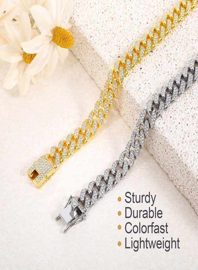 Qiuruoo 2 PCS Metal Dog Collar Chain Necklace，13mm Wide Cuban Link Dog Collar ，Bulldog Chain, Pet Metal Rhinestone Necklace Jewelry Accessories for Small-Dogs, Bulldogs, Cats(Gold, Silver) - Image 5