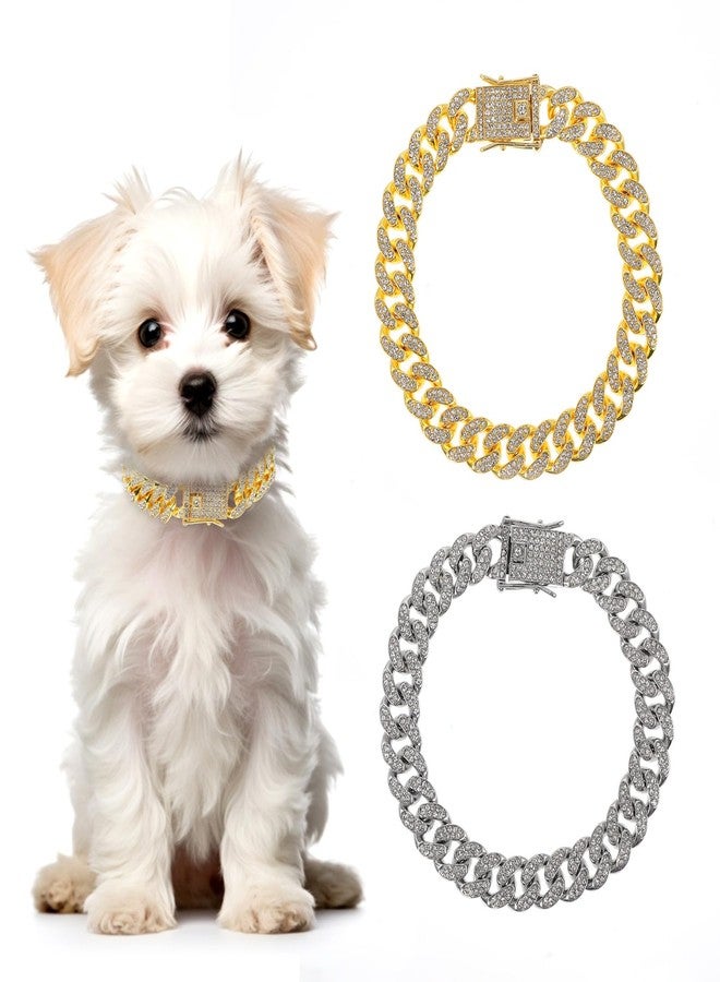 Qiuruoo 2 PCS Metal Dog Collar Chain Necklace，13mm Wide Cuban Link Dog Collar ，Bulldog Chain, Pet Metal Rhinestone Necklace Jewelry Accessories for Small-Dogs, Bulldogs, Cats(Gold, Silver) - Image 1