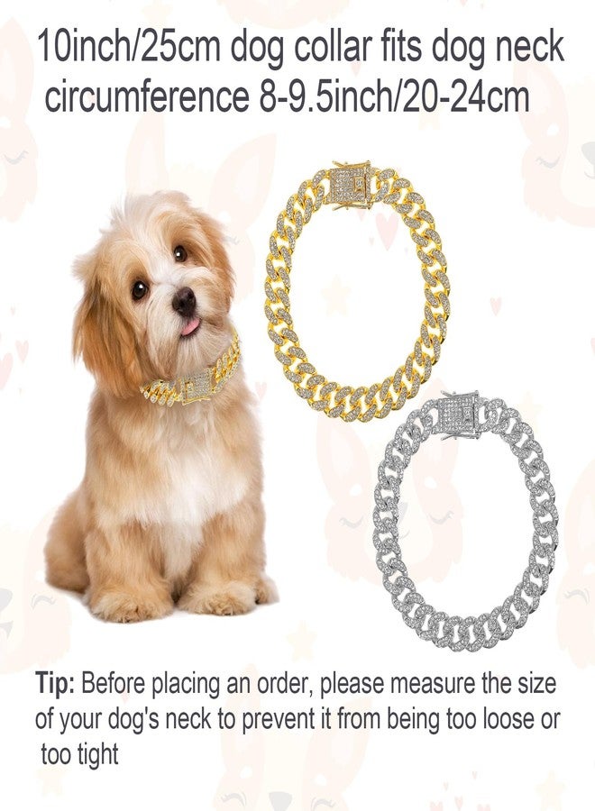 Qiuruoo 2 PCS Metal Dog Collar Chain Necklace，13mm Wide Cuban Link Dog Collar ，Bulldog Chain, Pet Metal Rhinestone Necklace Jewelry Accessories for Small-Dogs, Bulldogs, Cats(Gold, Silver) - Image 3