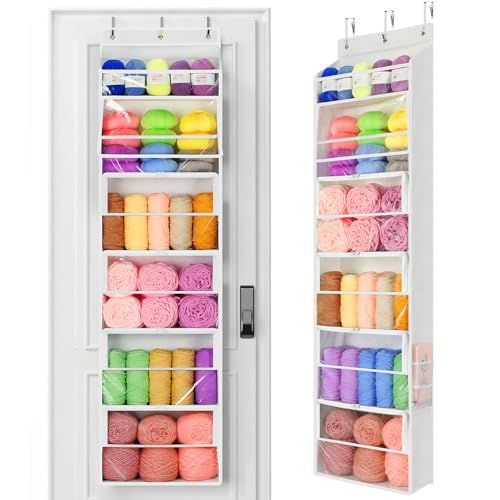 Yecaye Hanging Yarn Storage Organizer with 6 Zippered Closure Compartments Heavy Duty Stuffed Animal Storage with Clear PVC Dustproof Yarn Holder for Crocheting Storage Pearl White 6 Tier - Image 1