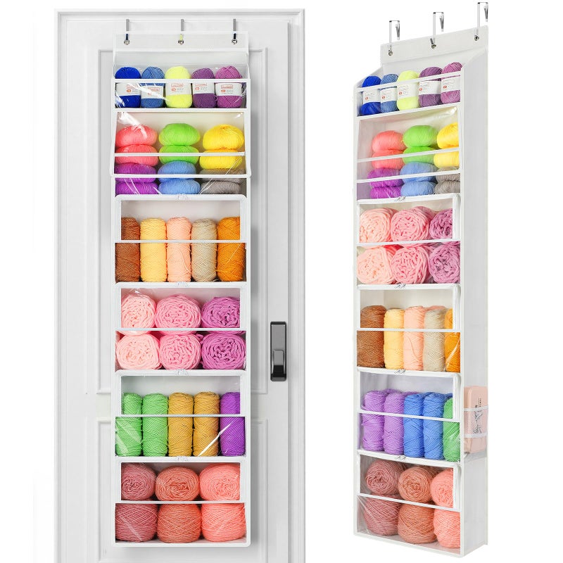 Yecaye Hanging Yarn Storage Organizer with 6 Zippered Closure Compartments Heavy Duty Stuffed Animal Storage with Clear PVC Dustproof Yarn Holder for Crocheting Storage Pearl White 6 Tier - Image 2