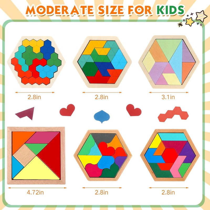 Jerify 6 Pack Wooden Hexagon Puzzle Shape Russian Blocks Tangram Puzzle Brain Teaser Geometric Jigsaw Block 3D Logic Iq Stem Toy Educational Gift for All Ages Kids Boys Girls Adults Challenge - Image 3