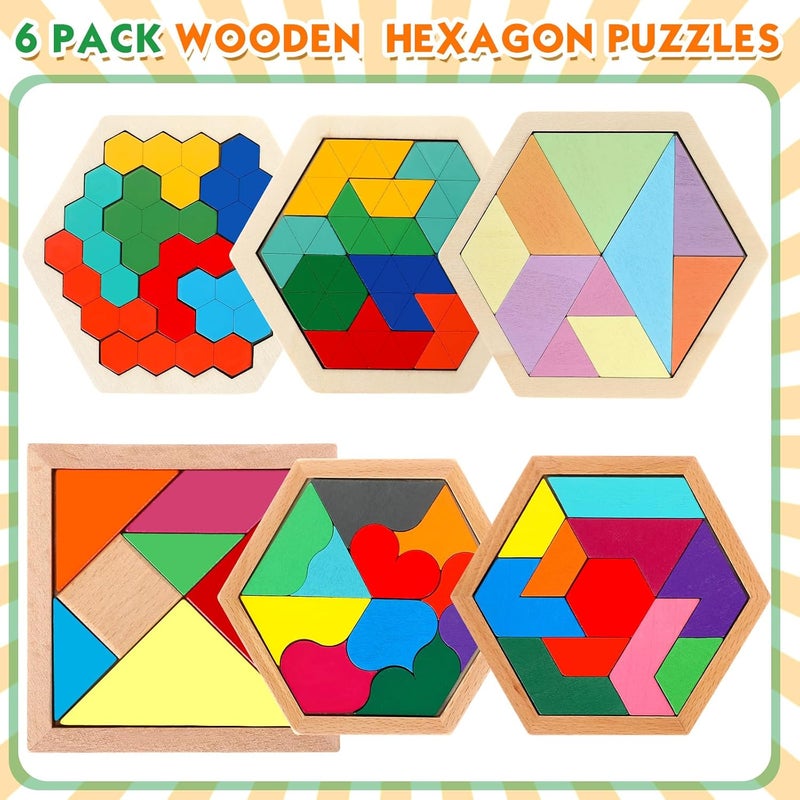 Jerify 6 Pack Wooden Hexagon Puzzle Shape Russian Blocks Tangram Puzzle Brain Teaser Geometric Jigsaw Block 3D Logic Iq Stem Toy Educational Gift for All Ages Kids Boys Girls Adults Challenge - Image 2