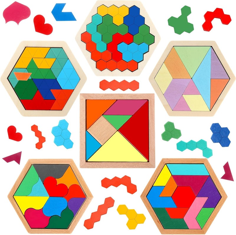 Jerify 6 Pack Wooden Hexagon Puzzle Shape Russian Blocks Tangram Puzzle Brain Teaser Geometric Jigsaw Block 3D Logic Iq Stem Toy Educational Gift for All Ages Kids Boys Girls Adults Challenge - Image 1