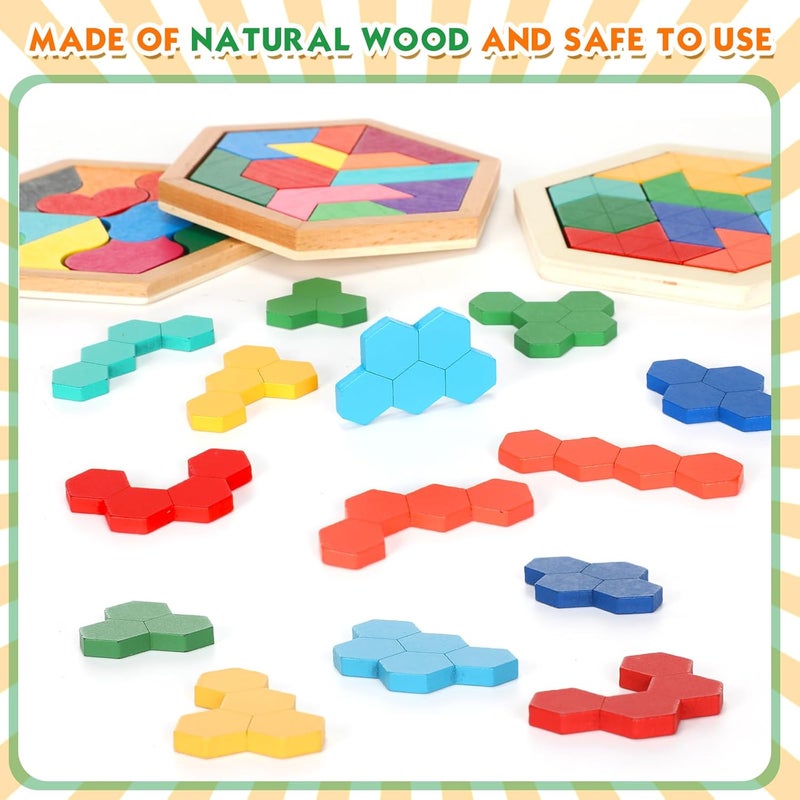 Jerify 6 Pack Wooden Hexagon Puzzle Shape Russian Blocks Tangram Puzzle Brain Teaser Geometric Jigsaw Block 3D Logic Iq Stem Toy Educational Gift for All Ages Kids Boys Girls Adults Challenge - Image 4