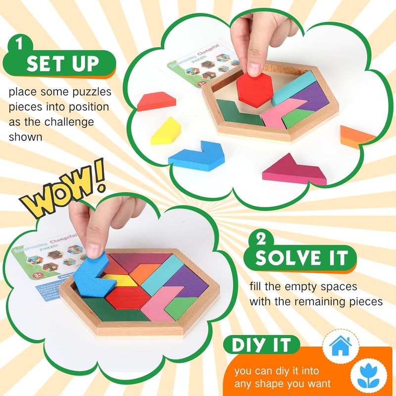 Jerify 6 Pack Wooden Hexagon Puzzle Shape Russian Blocks Tangram Puzzle Brain Teaser Geometric Jigsaw Block 3D Logic Iq Stem Toy Educational Gift for All Ages Kids Boys Girls Adults Challenge - Image 5