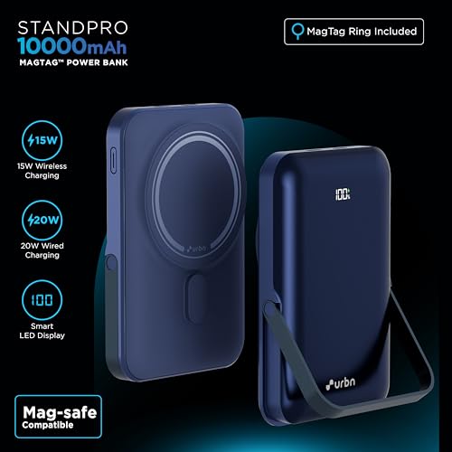 URBN 10000 mAh Stand Pro Magsafe Power Bank with Foldable Metalic Stand | 15W Fast Wireless Charging | Strong Magnetic Hold | Type C Input/Output | Pass Through Charging (Blue) - Image 2
