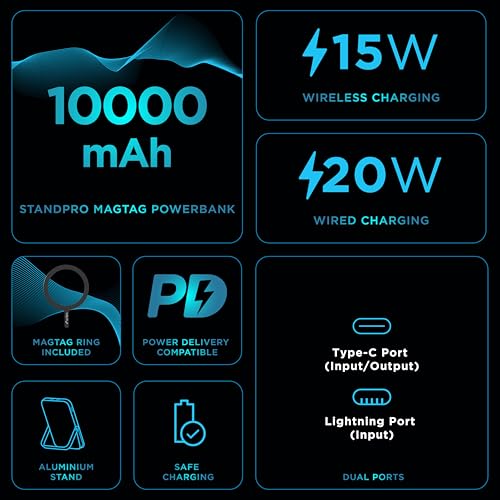 URBN 10000 mAh Stand Pro Magsafe Power Bank with Foldable Metalic Stand | 15W Fast Wireless Charging | Strong Magnetic Hold | Type C Input/Output | Pass Through Charging (Blue) - Image 3