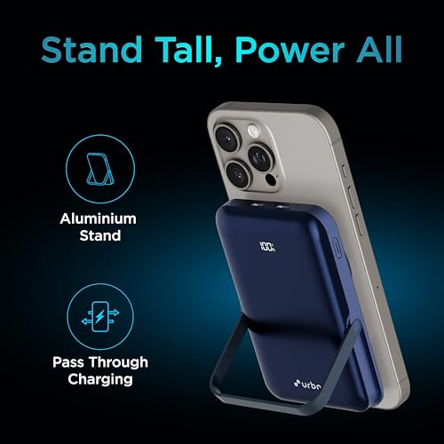 URBN 10000 mAh Stand Pro Magsafe Power Bank with Foldable Metalic Stand | 15W Fast Wireless Charging | Strong Magnetic Hold | Type C Input/Output | Pass Through Charging (Blue) - Image 4