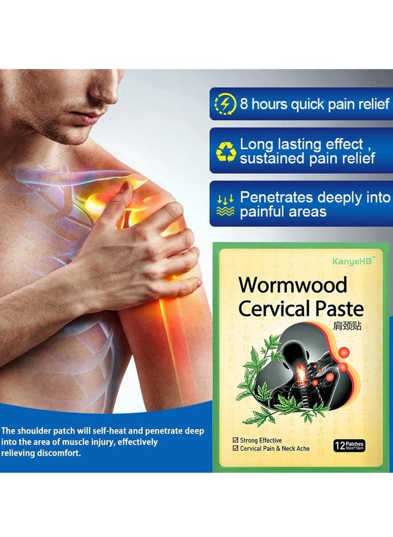 KanyeHB 12Pcs Wormwood Cervical Pain Relief Patches Cervical Pain and Neck Ache Paste Strong Penetration Relieve Pain Non Allergic Herbal Formula Neck Shoulder Joint Pain Relief Patches - Image 3
