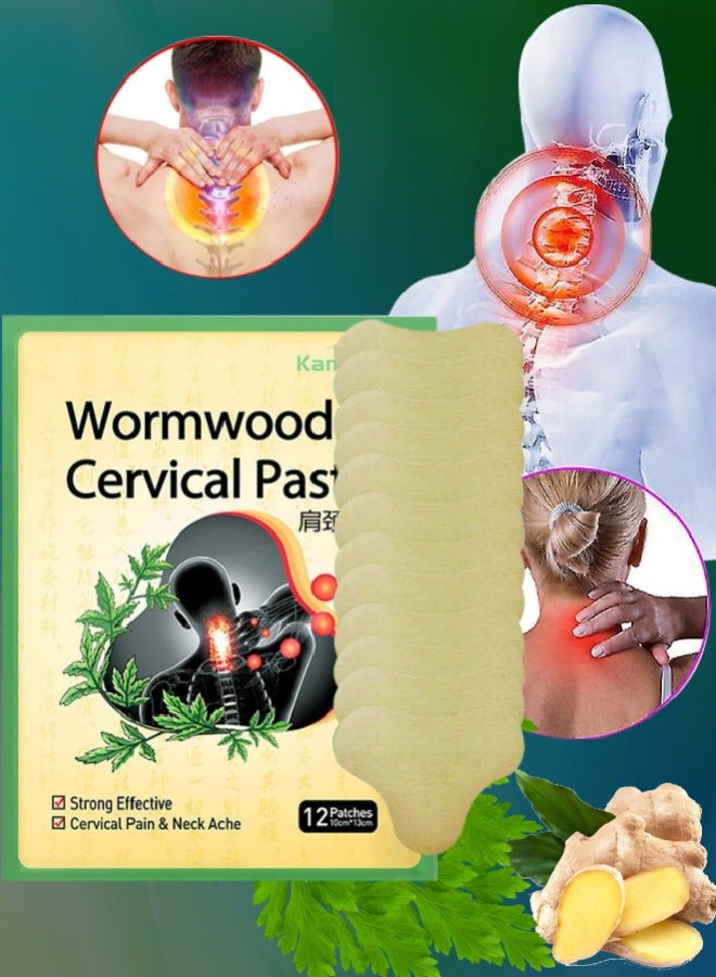 KanyeHB 12Pcs Wormwood Cervical Pain Relief Patches Cervical Pain and Neck Ache Paste Strong Penetration Relieve Pain Non Allergic Herbal Formula Neck Shoulder Joint Pain Relief Patches - Image 1