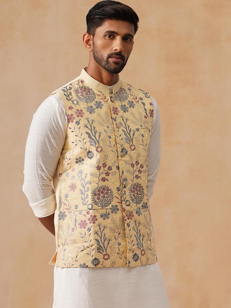 jompers جاكيت نهرو مزين بالزهور من مزيج الحرير للرجال - Image 4