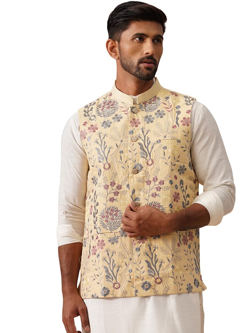 jompers جاكيت نهرو مزين بالزهور من مزيج الحرير للرجال - Image 1