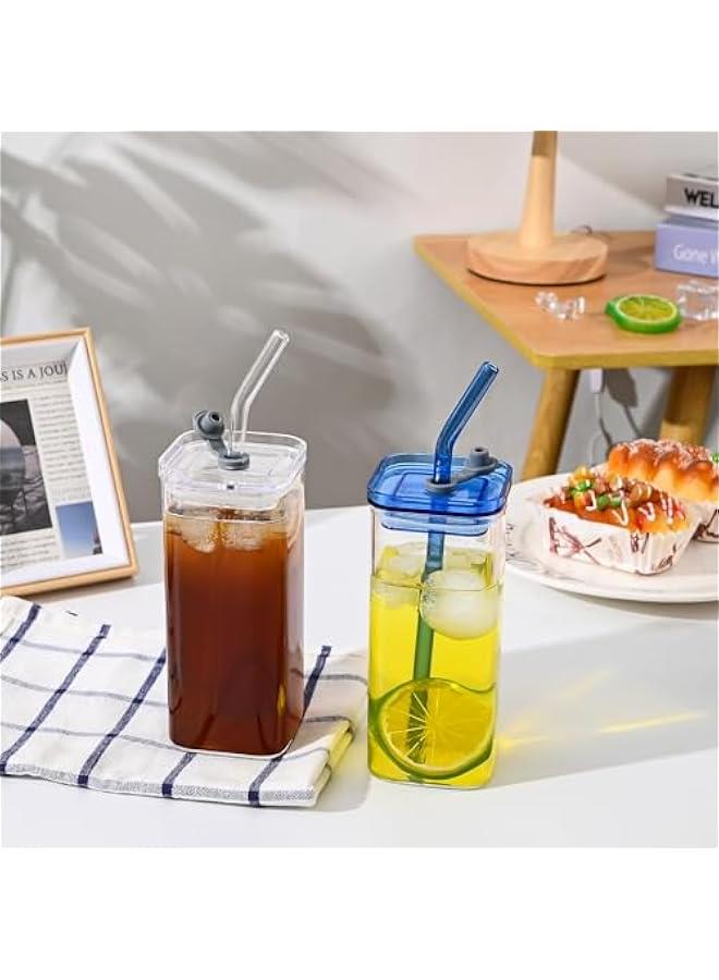 2-Piece Glass Cups with Lids and Straws, Iced Coffee Cup, Glass Tumbler, 12 oz/350 ml Blue Square Drinking Glasses for Coffee Bar (Blue) - Image 5