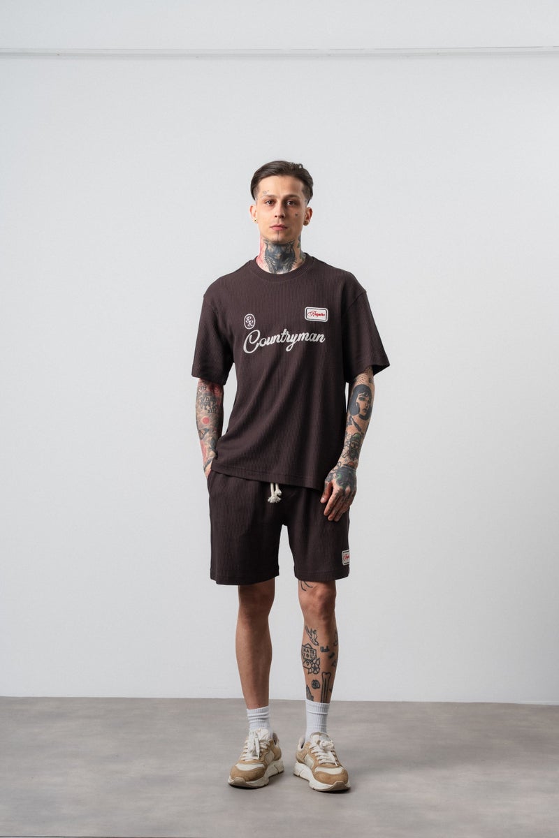 RESPIRE Men's Countryman Embroidered Regular Fit T-Shirt and Shorts Set in Brown - Image 2