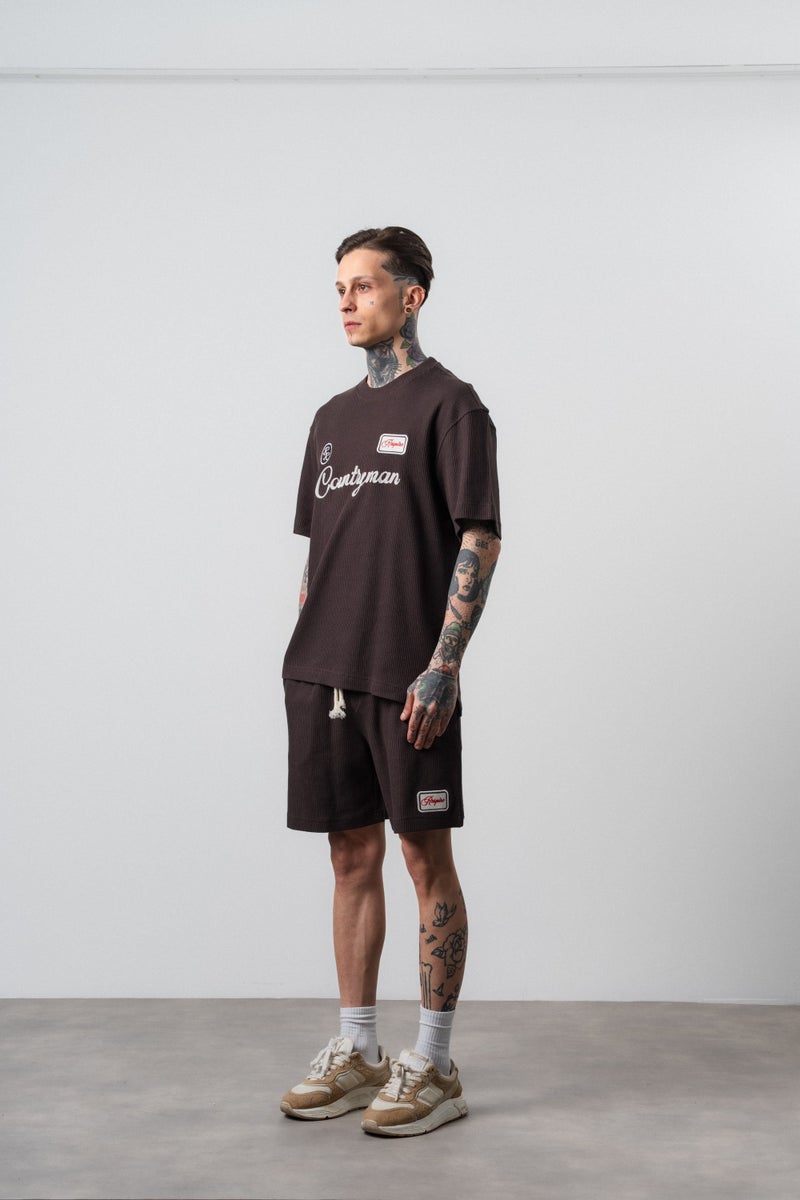 RESPIRE Men's Countryman Embroidered Regular Fit T-Shirt and Shorts Set in Brown - Image 3