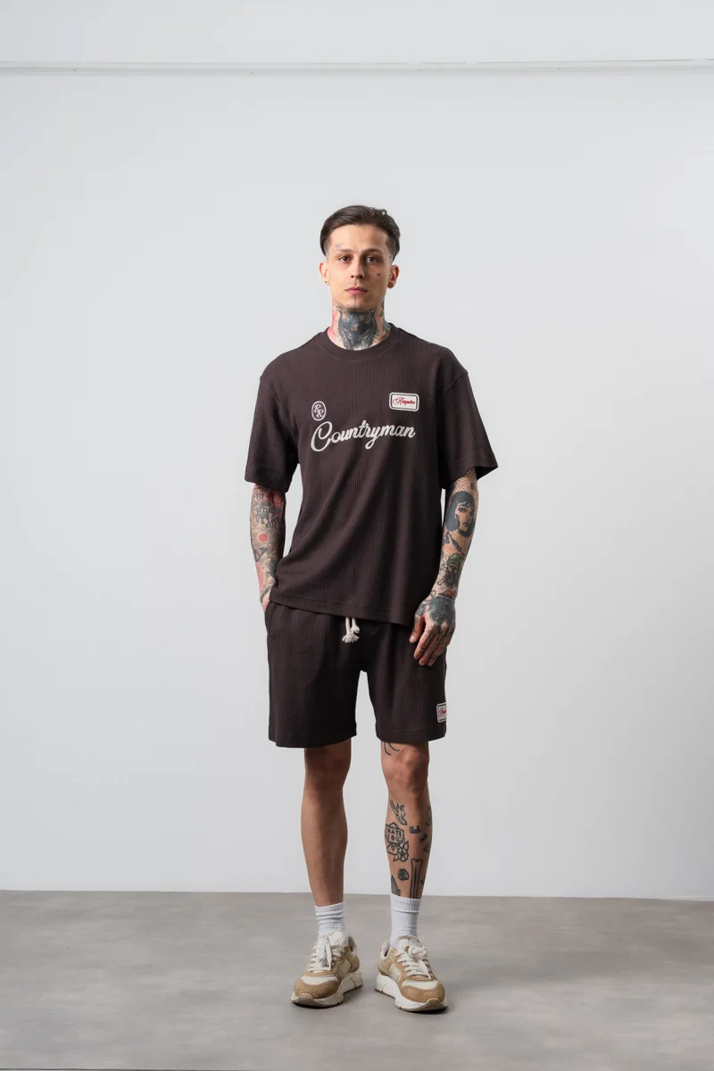 Respire Men's Countryman Embroidered Regular Fit T-Shirt and Shorts Set in Brown