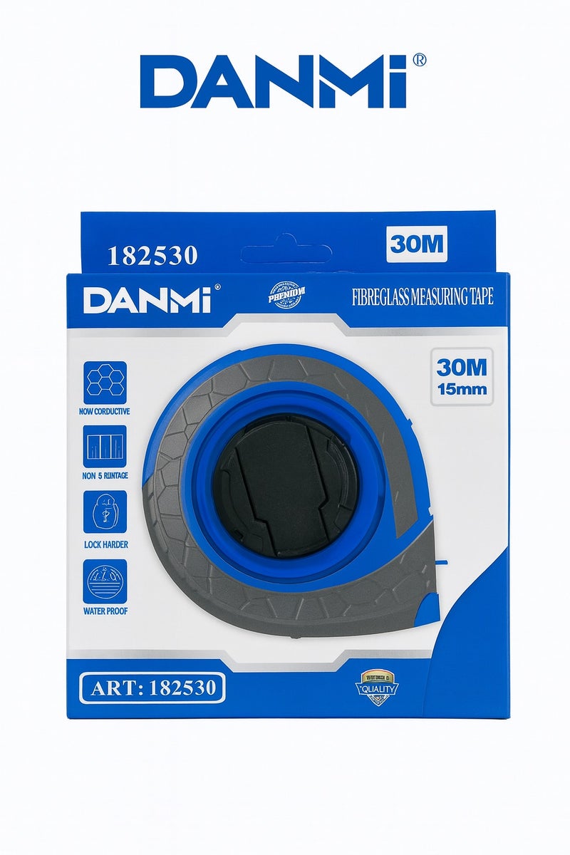 دانمي شريط قياس ألياف زجاجية 30 متر، ART:182530، شريط قياس DANMI، شريط مساحة 30M، Tape Fibreglass 15mm، شريط قياس مقاوم للماء، شريط 3:1، أدوات مسّاح، أدوات بناء. - Image 1