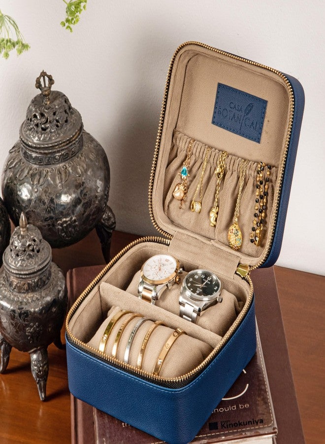 CASA BOTANICAL Faux Leather Organizer Box with Compartments | Travel Portable Leather Jewellery Box for Women & Men | Wrist Watch Organizer Box | Accessories Storage Box Gift for Rings, Earrings & Bracelets (Blue) - Image 4