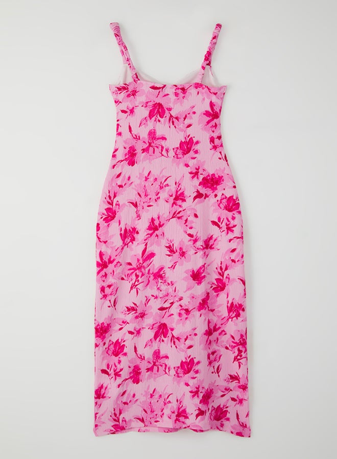 trendyol Pink Floral Print - V-Neck Strap Stretchy Maxi Knitted Dress - Image 4
