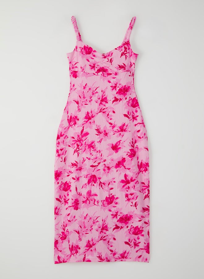 trendyol Pink Floral Print - V-Neck Strap Stretchy Maxi Knitted Dress - Image 2