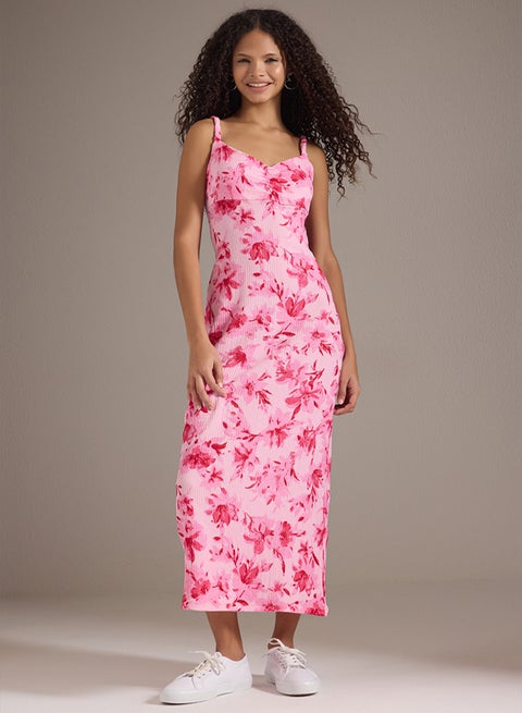 Pink Floral Print - V-Neck Strap Stretchy Maxi Knitted Dress
