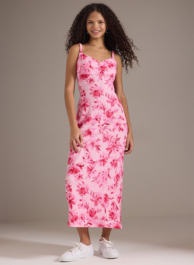 trendyol Pink Floral Print - V-Neck Strap Stretchy Maxi Knitted Dress - Image 1