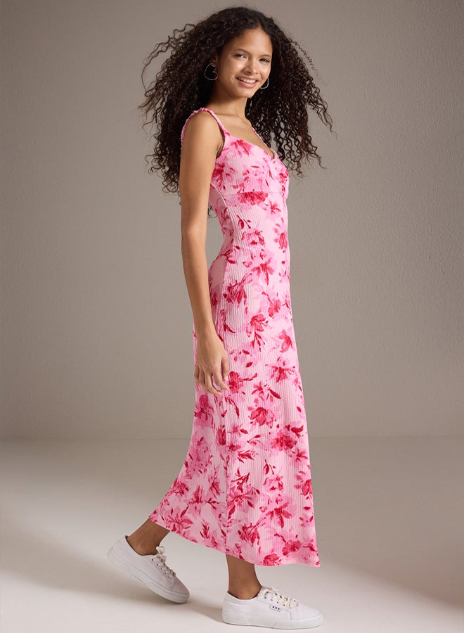 trendyol Pink Floral Print - V-Neck Strap Stretchy Maxi Knitted Dress - Image 3