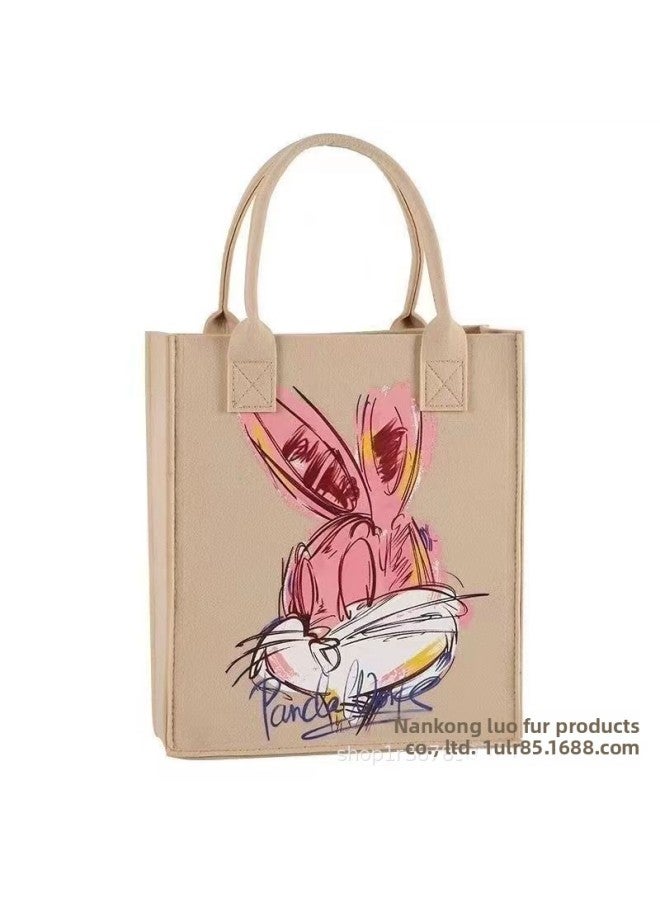 Handbag Women Handbag Handbag Large Capacity Open Fashion Felt Shopping Bag-Color:Khaki Letter Rabbit-Size:30*26*10  - Image 1