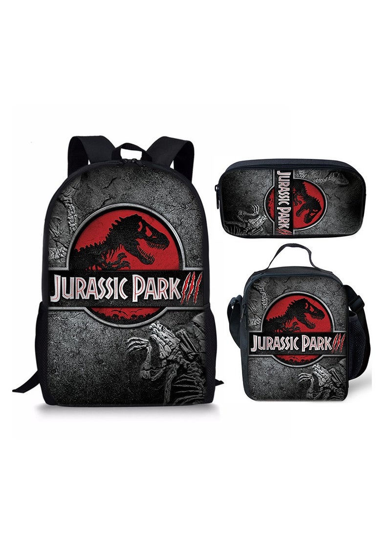 JURASSIC WORLD New Jurassic Park Dinosaur Three piece Set with Large Capacity Backpack, Student School Bag, Lunch Bag, Pen Bag  - Image 1