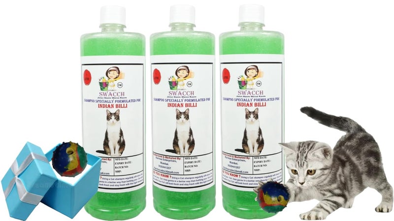 swacch Indian Billi Shampoo + Rubber Musical Ball I Chew Playing Rubber Ball I Interactive Cat Toy Balls I Training & Play I Combo Pack I 1 Litre Pack of 3 Neem Alovera - Image 1