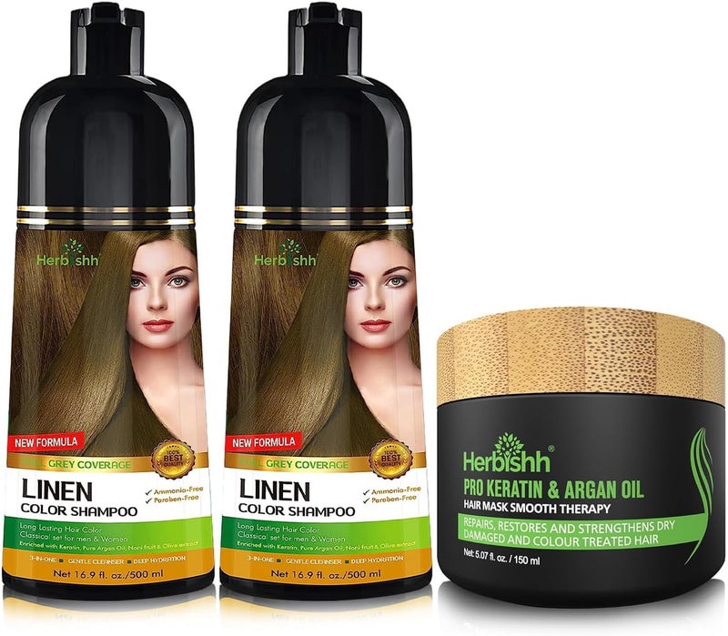 Herbishh Combo Pack - 2Pcs Linen Hair Color Shampoo for Gray Hair 500 ml + 1Pc Argan Intense Hair Mask 150 ml - Image 1
