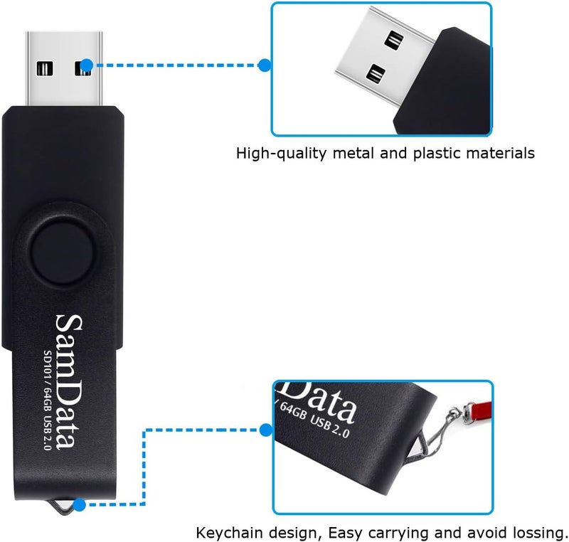 SamData USB Flash Drive 64GB 1 Pack USB 2.0 Thumb Drive Swivel Memory Stick Data Storage Jump Drive Zip Drive Drive with Led Indicator (Black, 64GB-1Pack) - Image 4