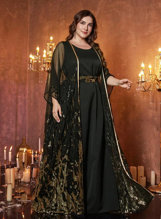 Supgir Plus Size Black Embellished Kimono with Maxi Dress Co-Ords