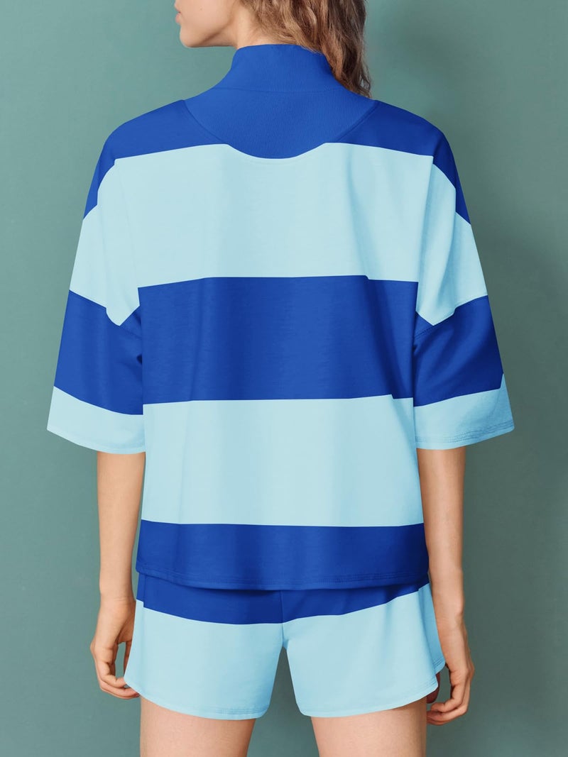 Fisoew Womens 2 Piece Outfits Summer Striped Sweatshirt Workout Shorts Sets Matching Lounge Set Tracksuits - Image 4