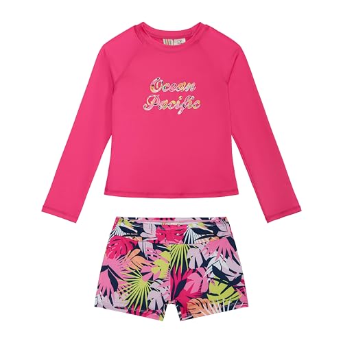Ocean Pacific Girls' Two Piece Swim Shirt and Swim Shorts Bathing Suit Rashguard Set, Tropical Multi, 8 - Image 5