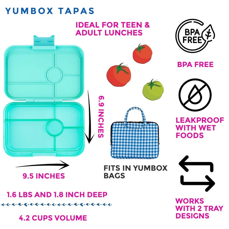 Yumbox Tapas Leakproof Bento Lunch Box - 5-Compartment Bento Container for Adults and Kids; Large Size 9.5x6.9x1.8; (Bali Aqua with Clear Aqua Tray) - Image 2